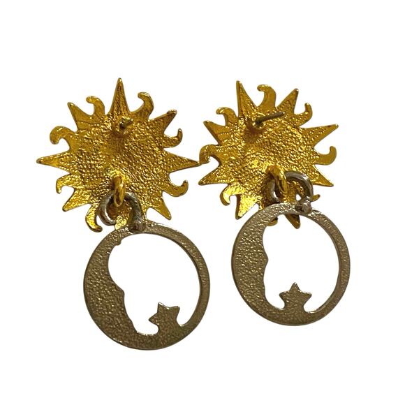 Adolfo Moon Face Star Gold toned and Silver Pierced Earrings Celestial - Picture 6 of 7